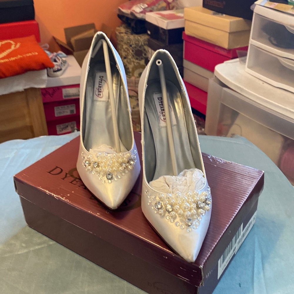 WHITE SATIN DYEABLES WITH PEARL AND RHINESTONE EMBELLISHMENT
